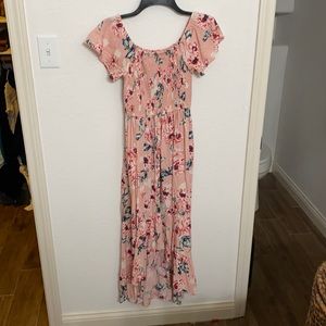 High low smocked floral dress in pink